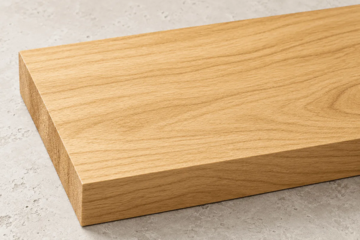 Muestra ilustrativa de madera sólida de primavera, con veta suave, tono claro dorado y acabado mate