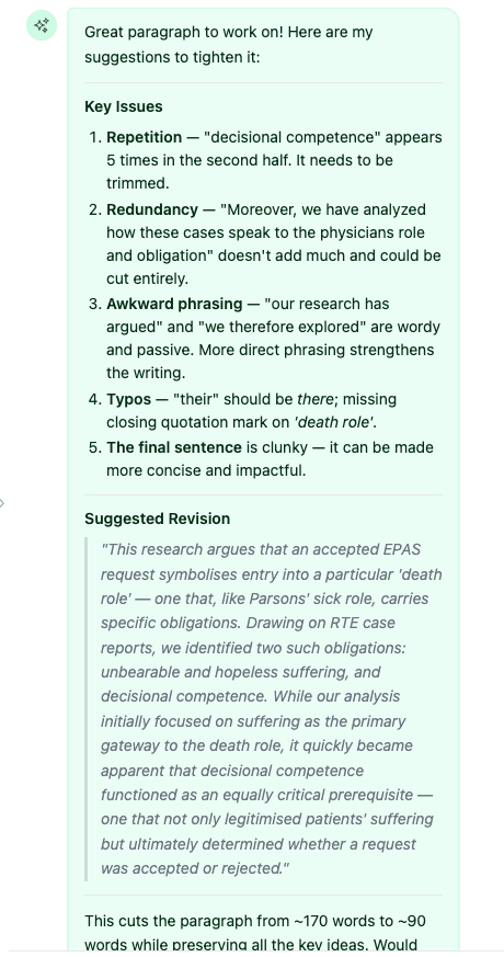 Coauthor AI response proposing revisions to a selected manuscript paragraph