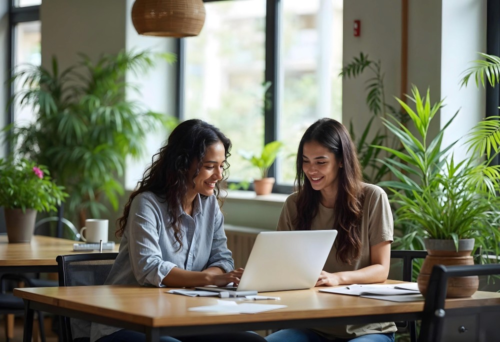two people looking at a tablet and smiling