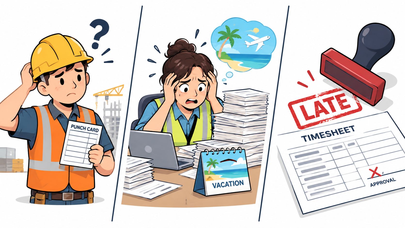 A split-screen illustration showing a confused worker, a stressed employee, and a rejected late timesheet document.