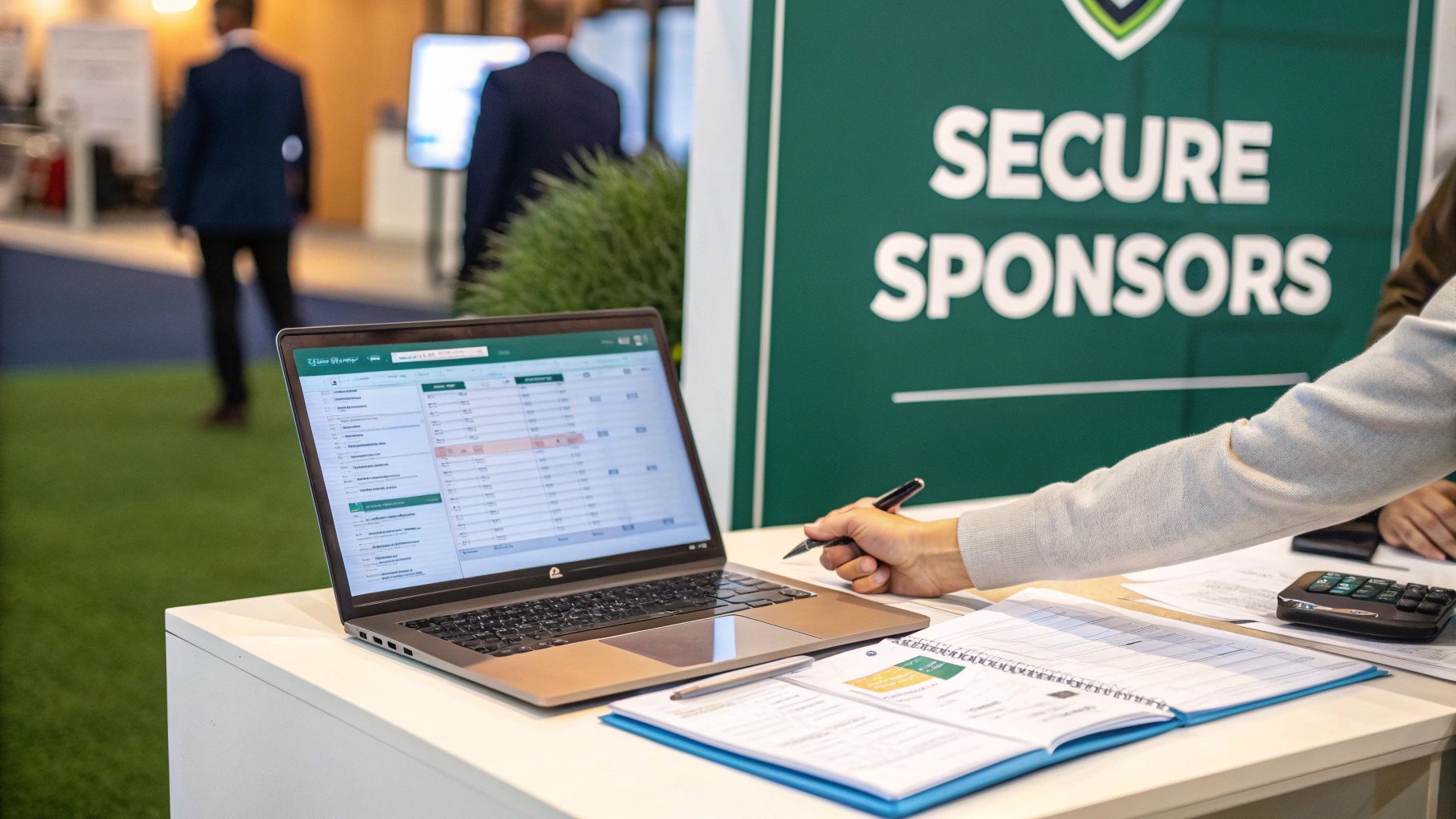 A person's hand with a pen pointing at documents on a desk, next to a laptop displaying a spreadsheet. A green sign says 'SECURE SPONSORS'.
