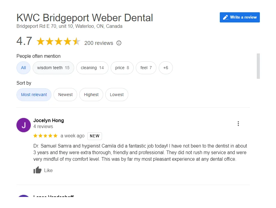 A screenshot of Google reviews of KWC Dental