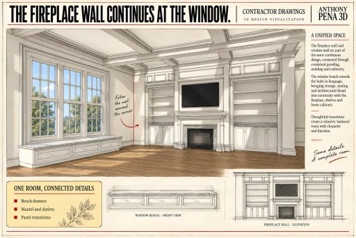 Living-room cover with fireplace shelving, television surround and a three-drawer window bench.