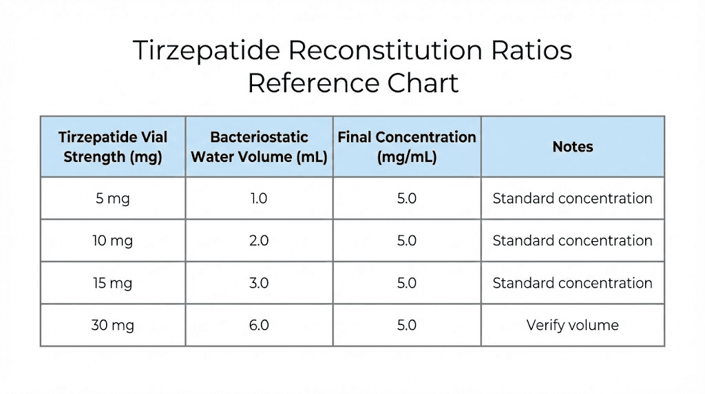 Tirzepatide reconstitution ratio chart for all vial sizes