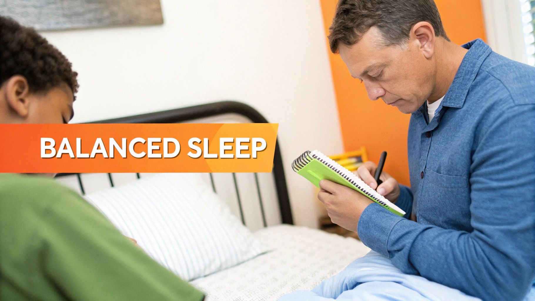 A man sits on a bed, focused on writing in a green notebook, with a 'BALANCED SLEEP' graphic.