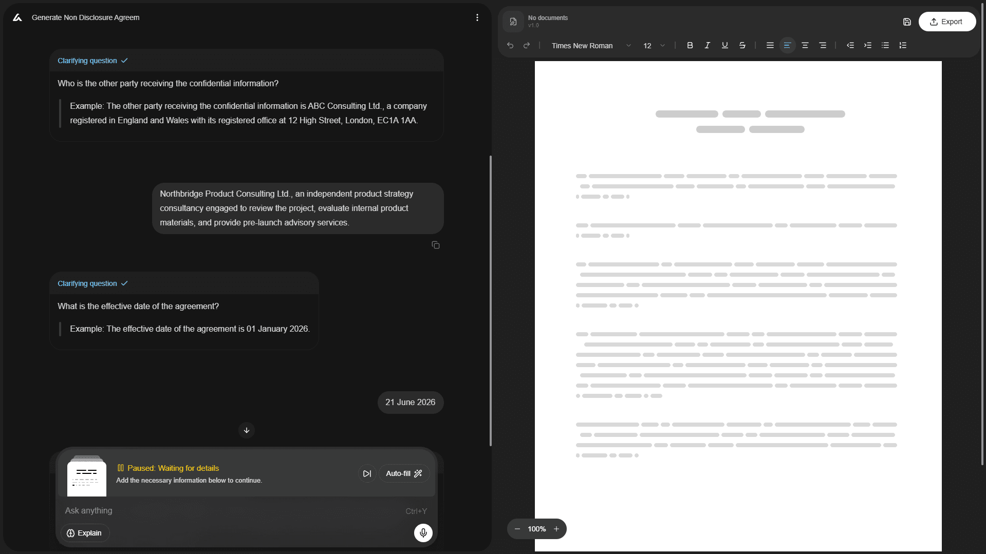A split-screen view of an AI contract builder generating a non-disclosure agreement, with guided questions on the left and a live document preview on the right. It shows how an NDA draft can be built interactively by collecting key deal details (one-way vs. mutual, purpose, scope) instead of starting from a blank template.