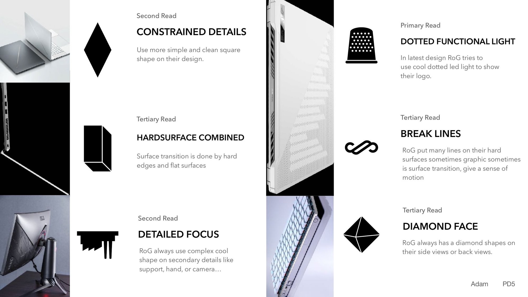 ROG design reads: polygon icons, technical pattern, colour contrast