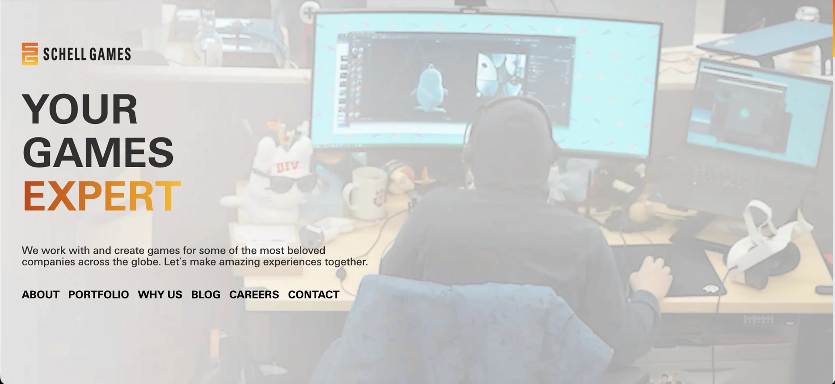 chell Games homepage showing a developer working on 3D character animation with a Meta Quest headset on the desk