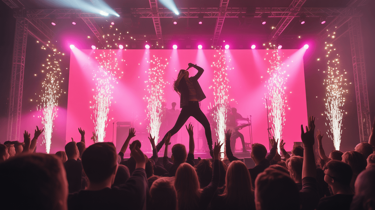 Hot pink concert thumbnail with singer silhouette and cheering crowd under magenta lights