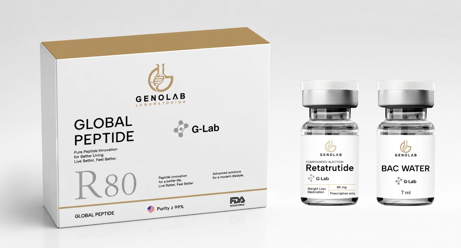 Retatrutide R80 con agua bacteriostática para investigación clínica — Genolab