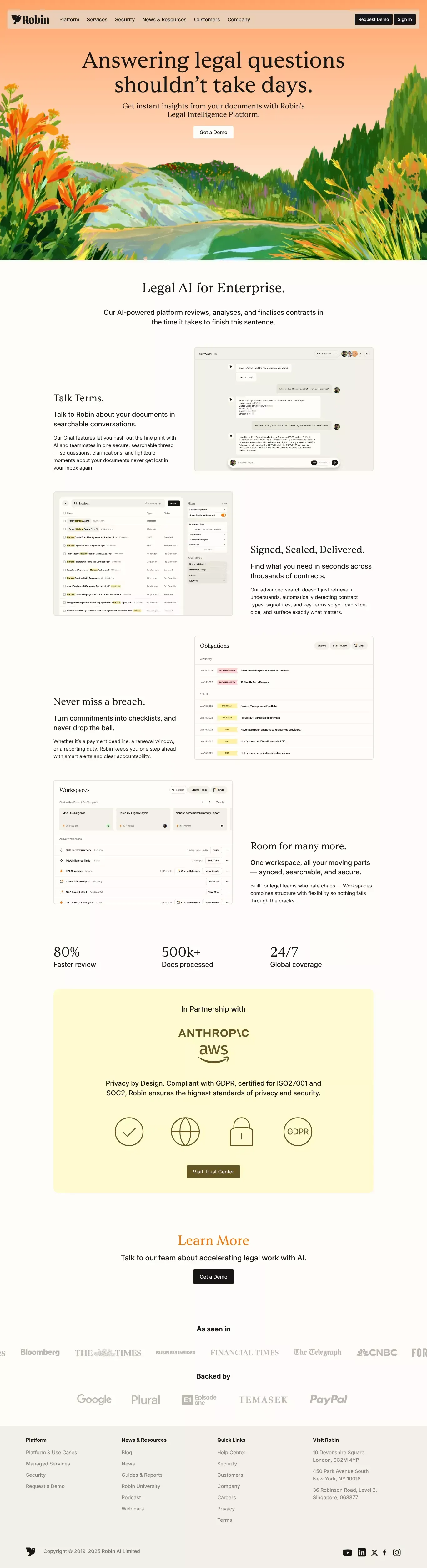 Robin landing page screenshot showcasing Tech design