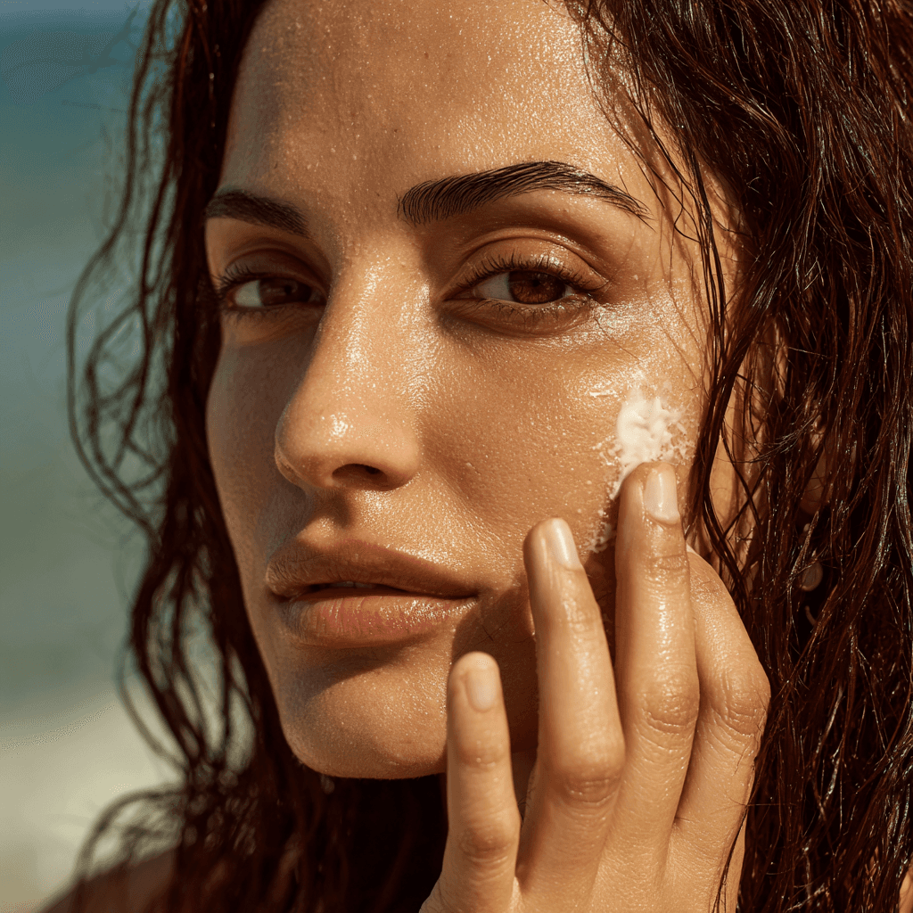 Women on beach applying cream on face portrait