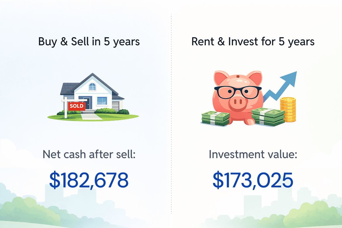 Side-by-side comparison of buying and selling versus renting and investing over 5 years. Buying results in $182,678 in net cash after selling, while renting and investing grows to $173,025, showing a small advantage for buying.