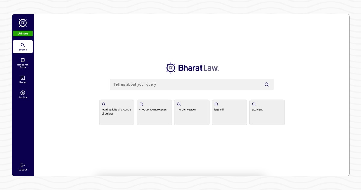 Screenshot of the BharatLaw.ai user interface showcasing an AI-powered legal research platform with features like intelligent search and case summaries.