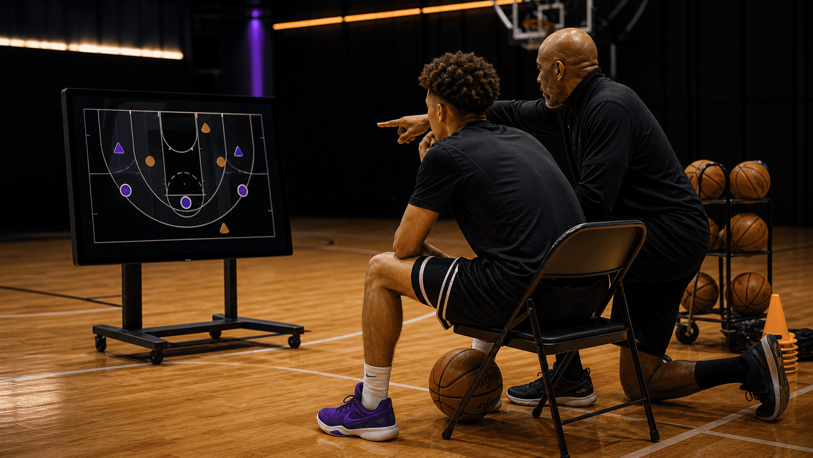 Basketball coach and player reviewing court spacing on a sideline monitor