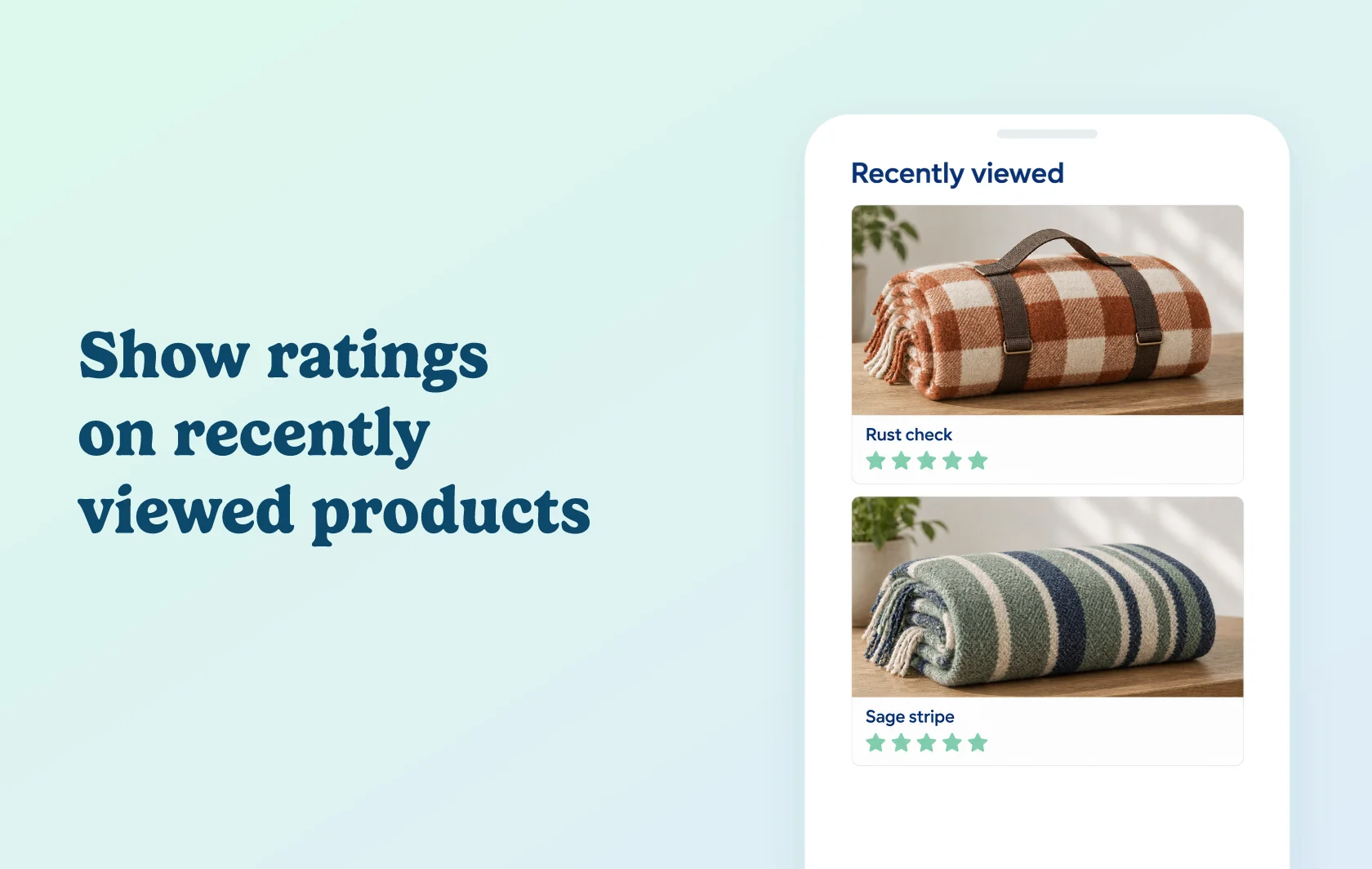 Judge.me and EL Recently Viewed Products integration: illustration of recently viewed product cards showing folded picnic blankets with star ratings.