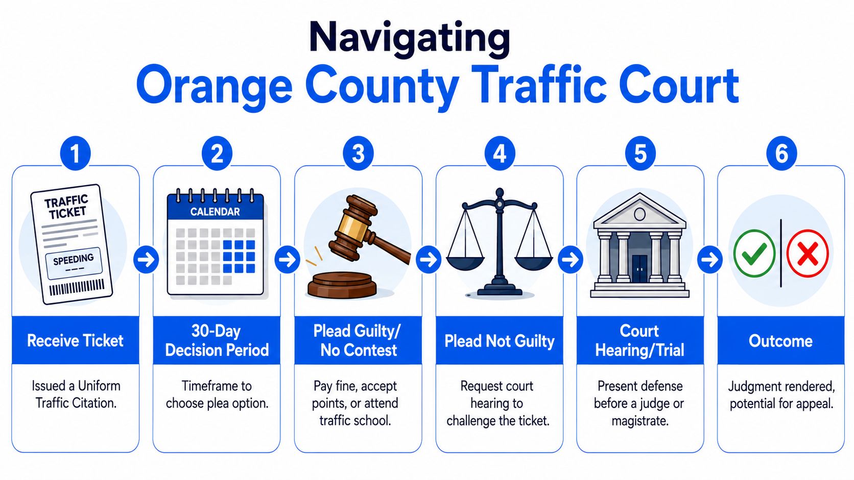 A six-step infographic explaining the process for handling a traffic ticket in Orange County Traffic Court.