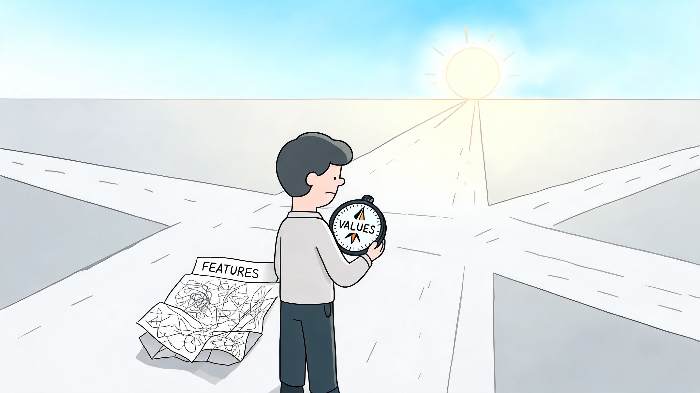 A person standing at a crossroads holding a compass labeled values, while a chaotic features map lies crumpled.