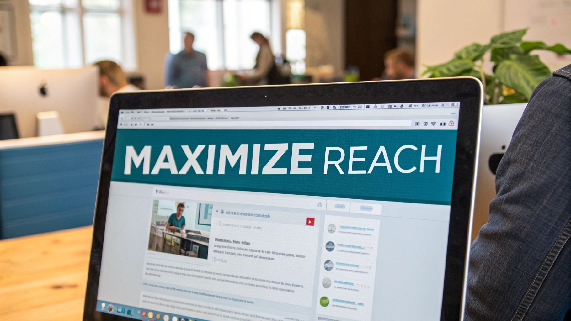 A person at a desk analyzing a social media dashboard with graphs and charts, showing engagement metrics.