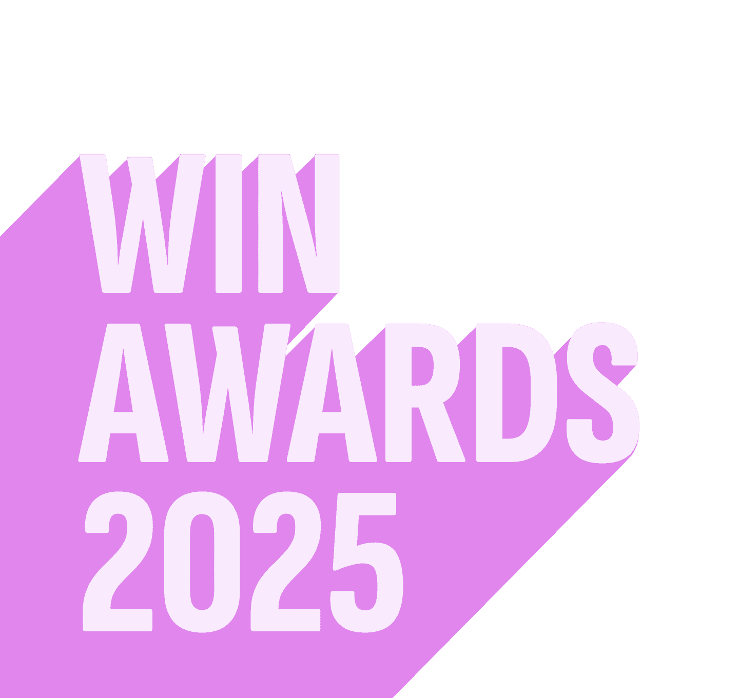 Logo for WIN Awards 2024, featuring bold text on a purple background with a diagonal design.
