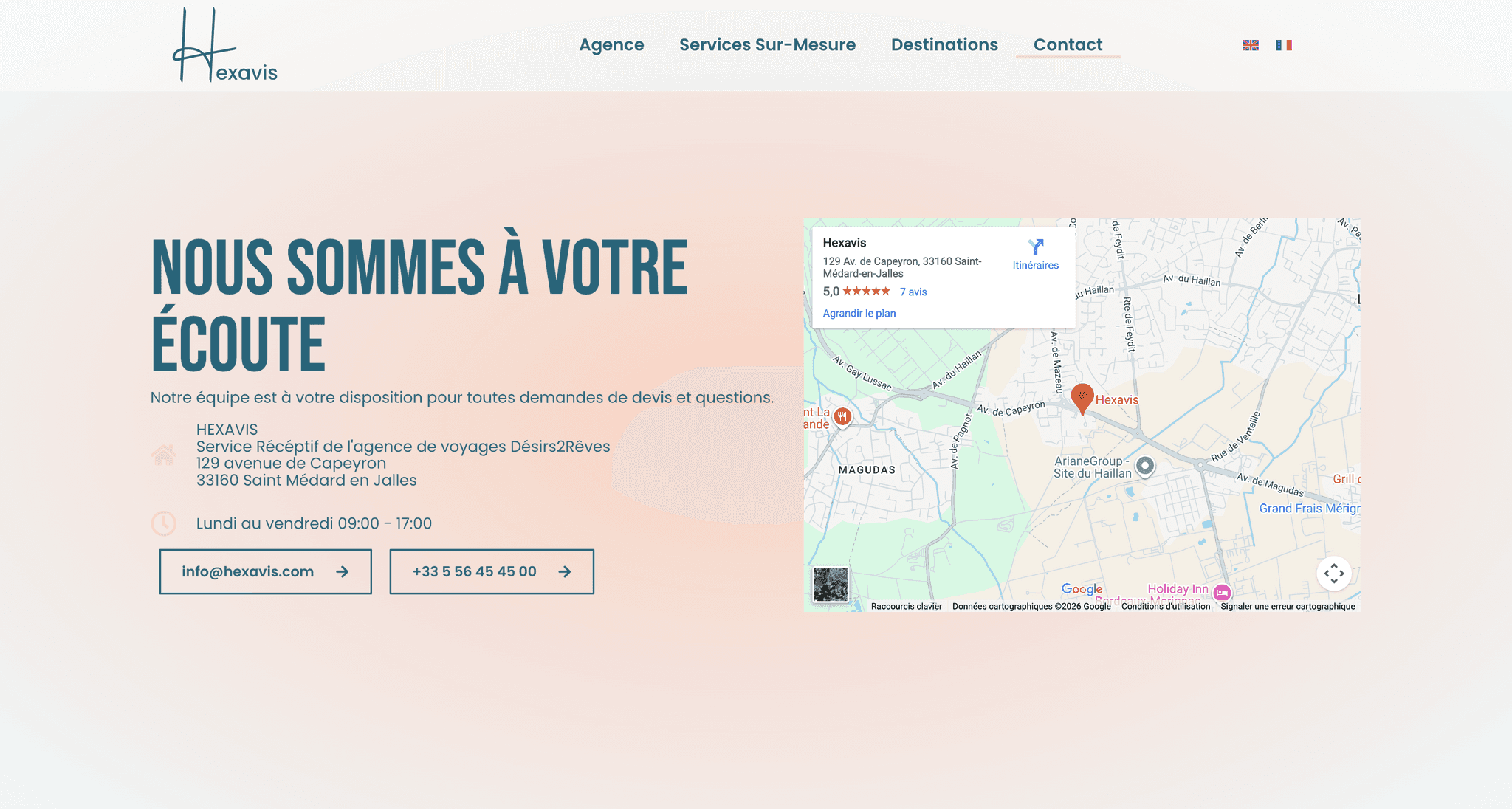 Optimisation du tunnel de conversion Hexavis : design de la page de contact et appel à l'action (CTA) stratégique pour la génération de leads B2B.