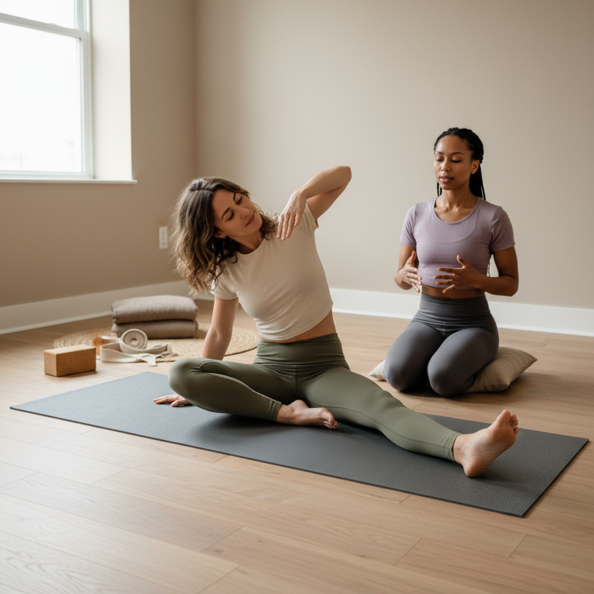 Einzelcoaching im ruhigen Yogaraum, Trainerin hilft bei Dehnung auf Matte, wenige Requisiten, sanftes Tageslicht, realistisches Foto