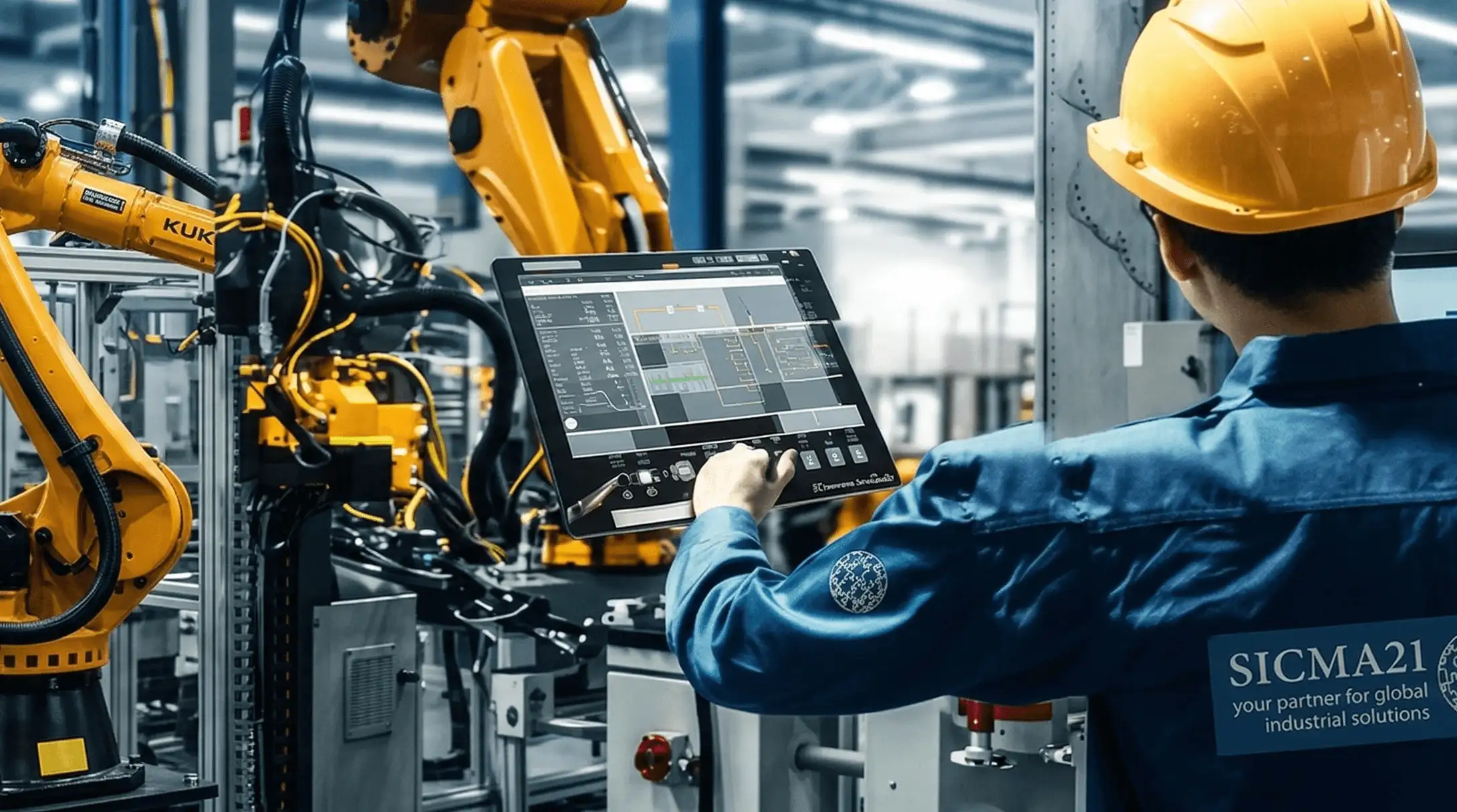 Ingeniero en una fabrica usando software indsutrial