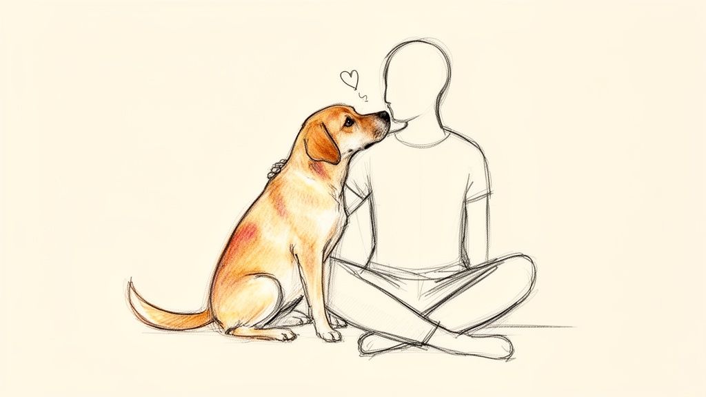 A golden dog affectionately nuzzles an outlined person sitting cross-legged, symbolizing companionship and love.