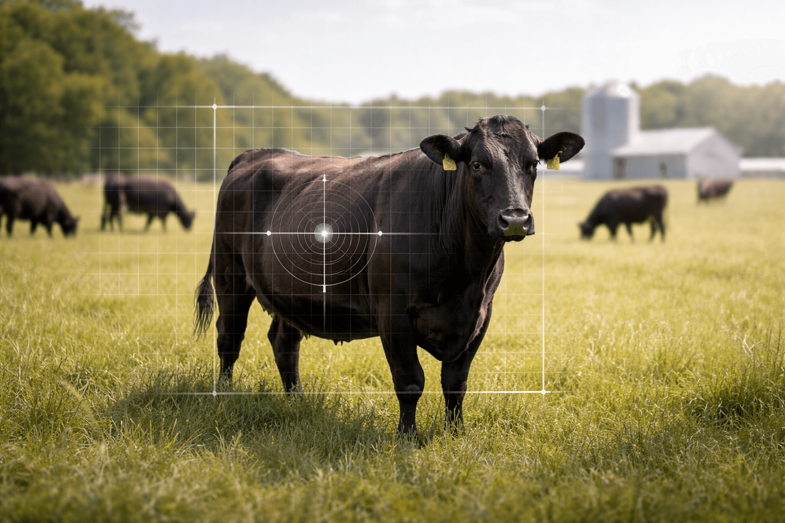 Wagyu-Rind auf einer europäischen Weide mit eingeblendeter Prüfraster-Grafik