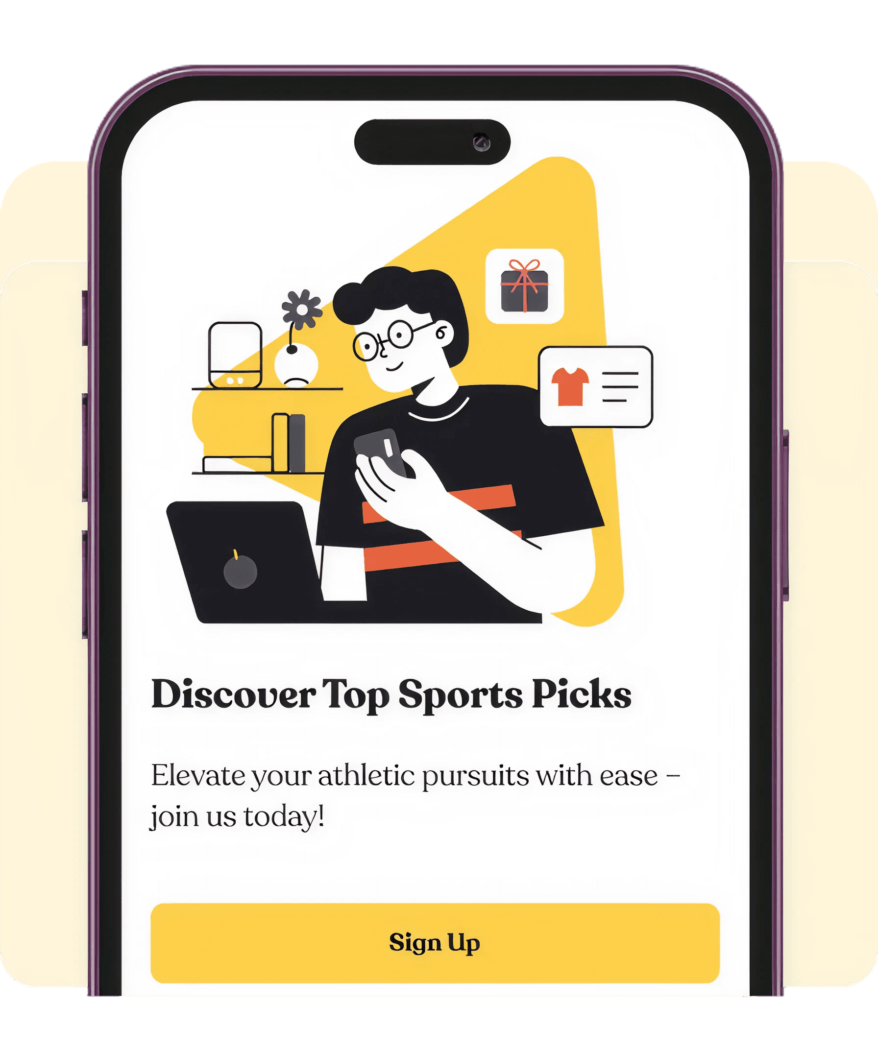 Mobile sports shopping app screen with “Discover Top Sports Picks” message and a “Sign Up” call to action.