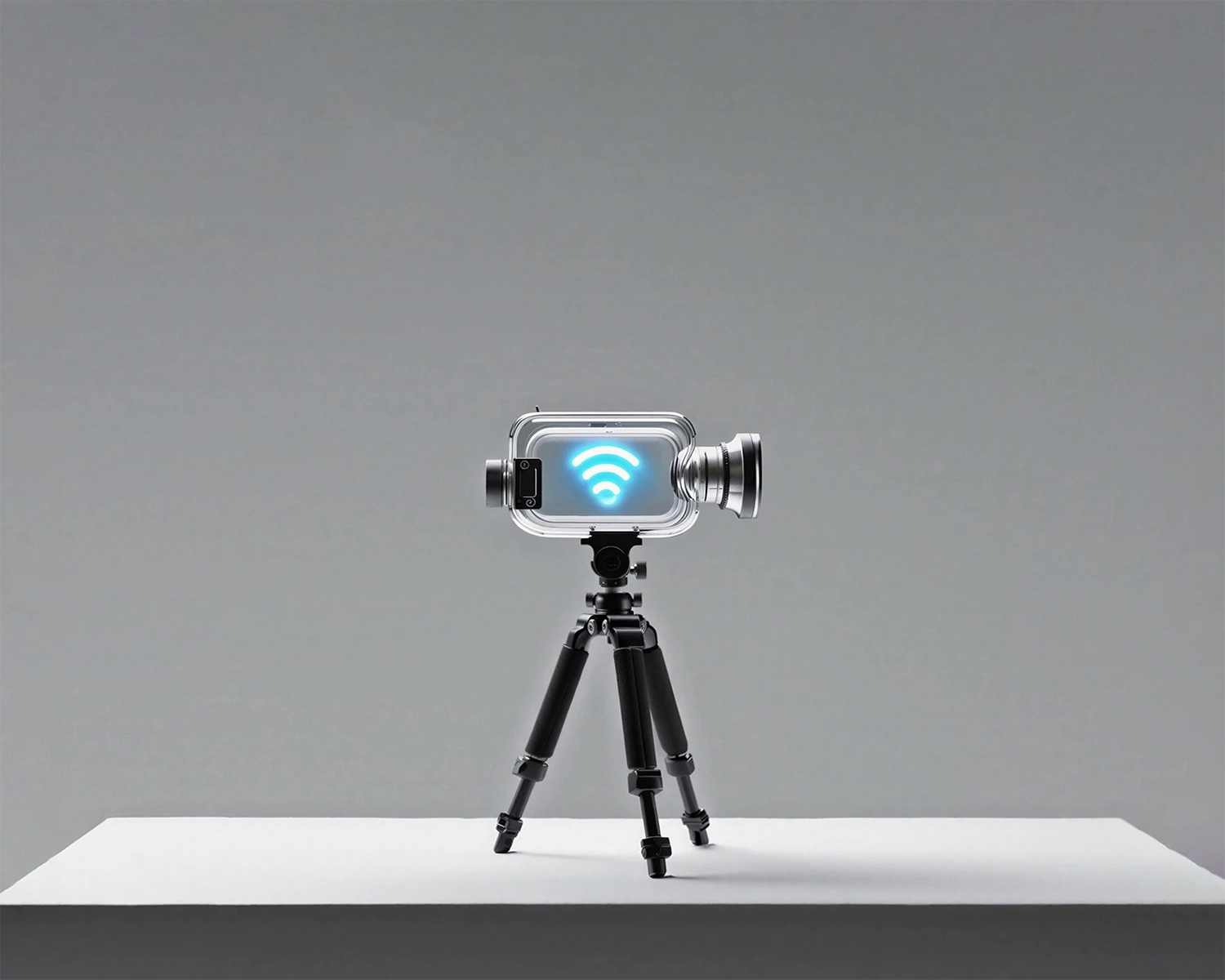 Unreal live streaming camera with wifi logo on a tripod on the stand and light background