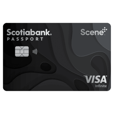 The black Scotiabank Passport Visa Infinite credit card featuring the Visa Infinite and Scene+ rewards logos.
