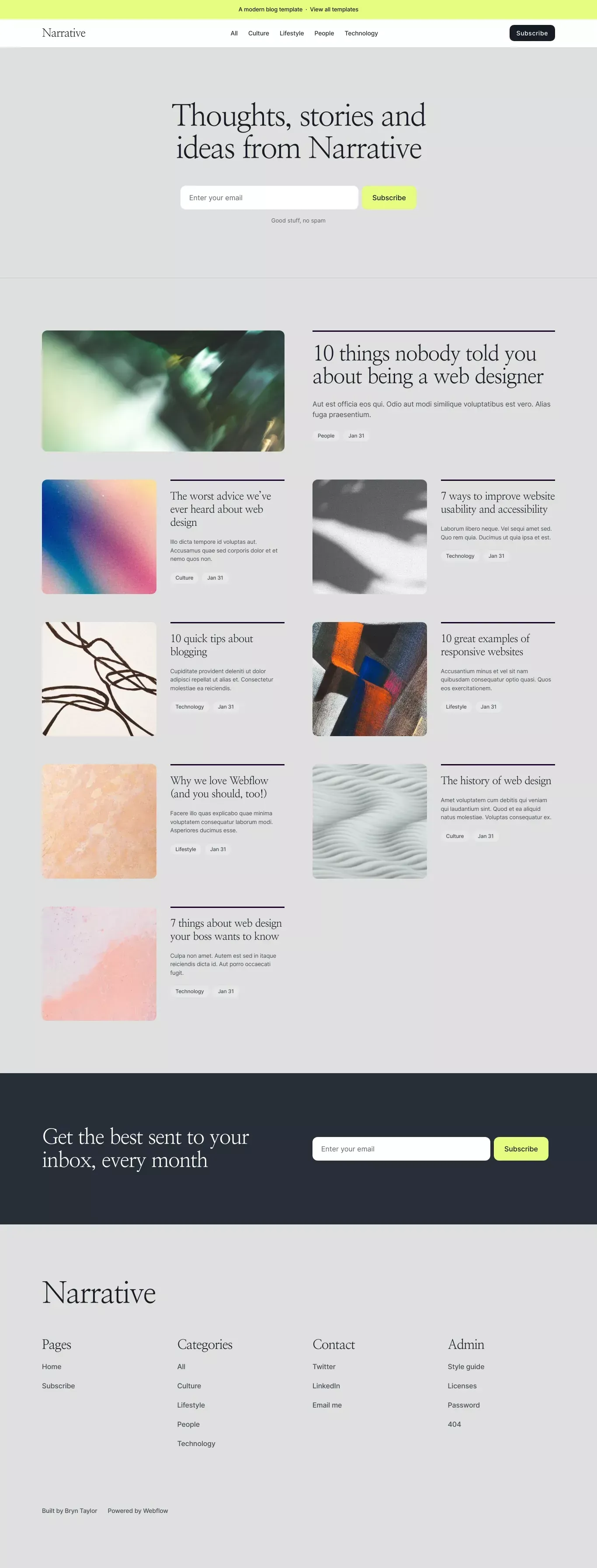 Narrate blog page screenshot showcasing News and Writing design