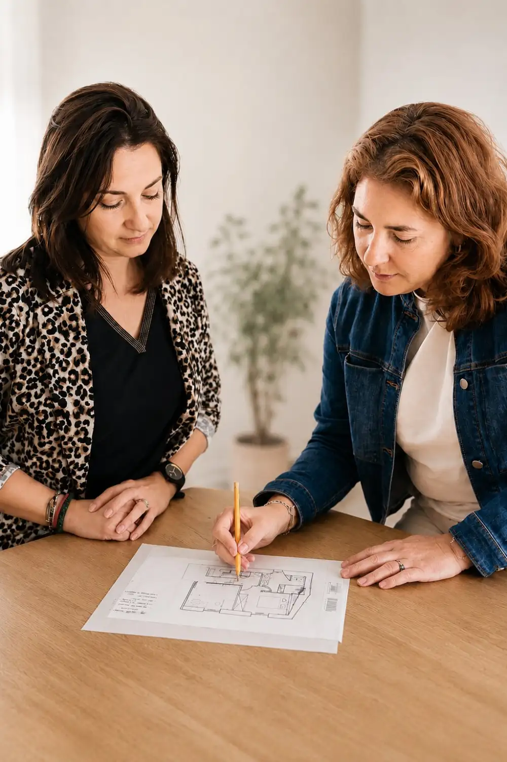 Maud Ravetto architecte d'intérieur en Île-de-France lors d'une consultation client, analyse d'un plan de rénovation sur table