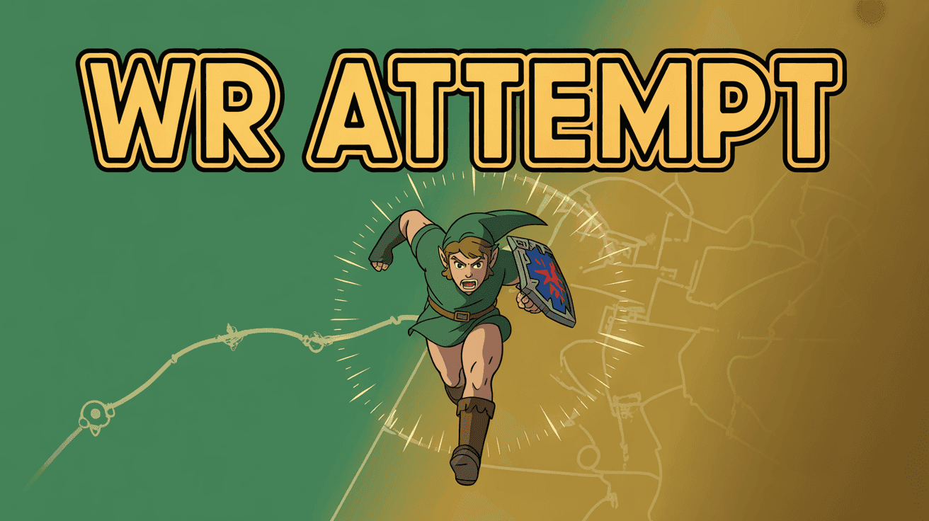 Hylian hero sprinting across Hyrule with glowing split timer overlay and WR ATTEMPT headline