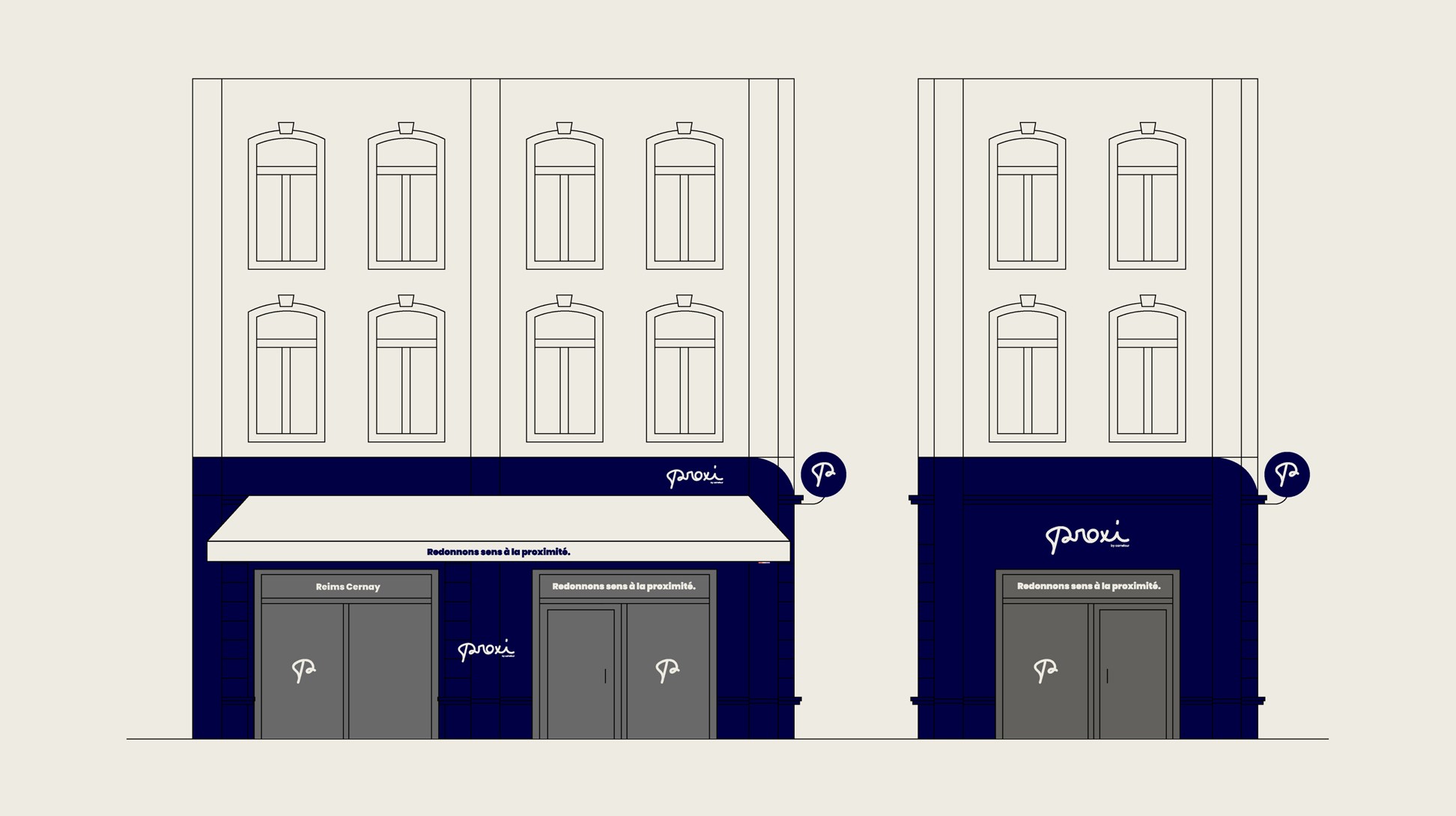 Élévation d'une devanture Proxi, projection des enseignes, peintures, stickers sur les vitrines.