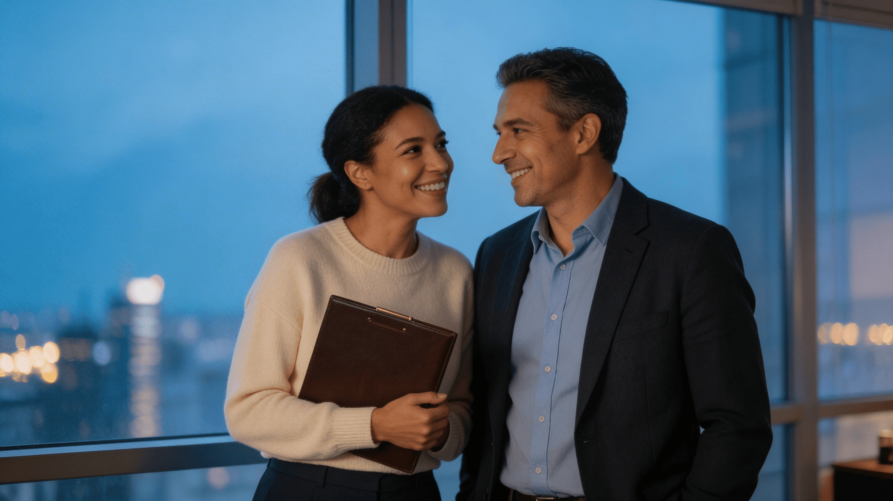 Courple at holden hour standing on a terrace