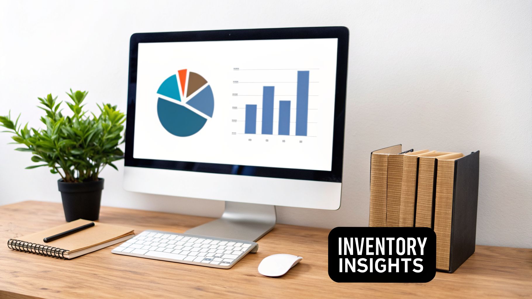 Computer screen displaying an inventory management dashboard with charts on a modern office desk.