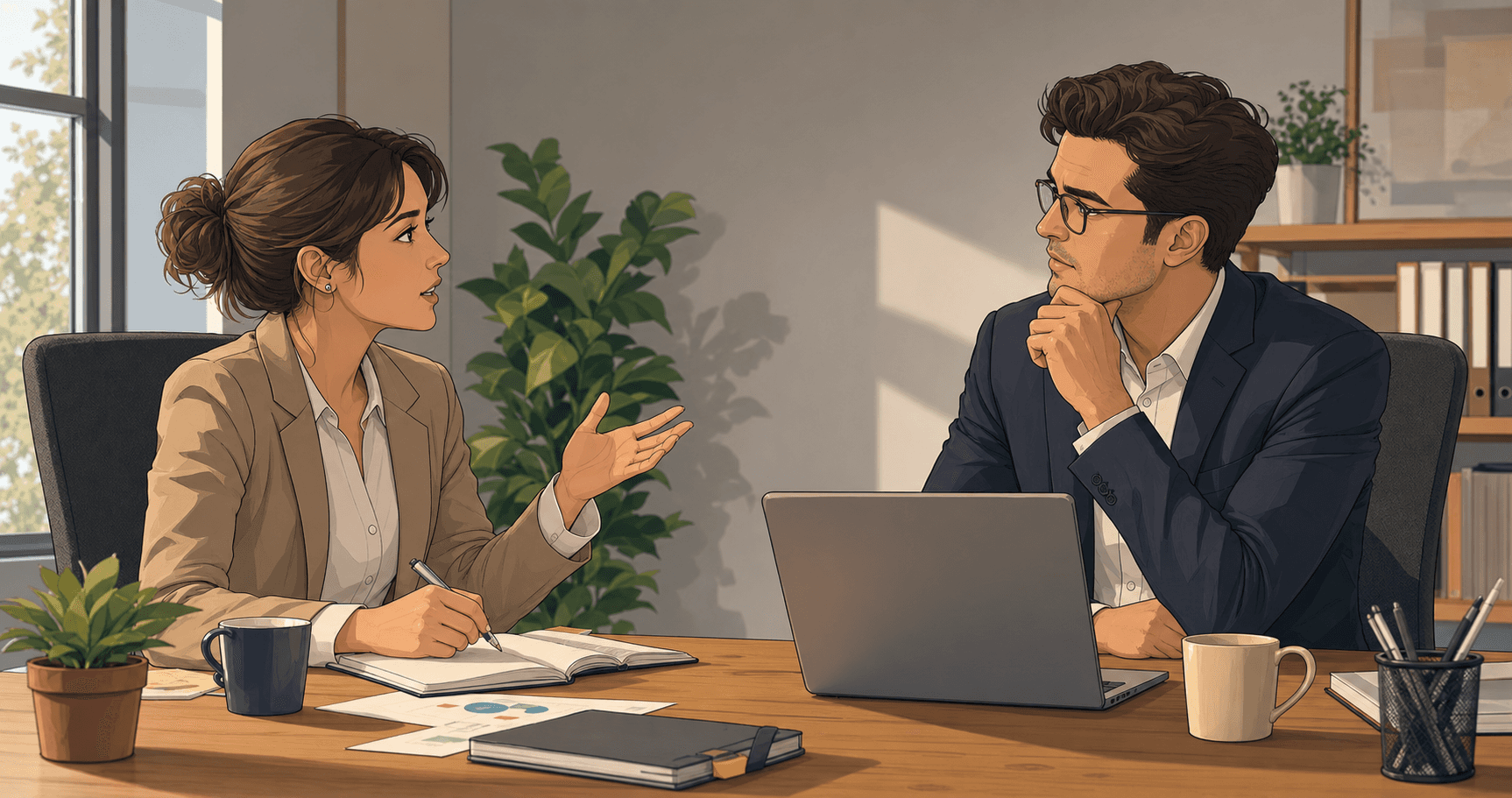 Two professional colleagues having an animated discussion or debate in an office setting, one person gesturing while making a point and the other listening thoughtfully, warm natural lighting, realistic style, modern workplace environment with minimal background details