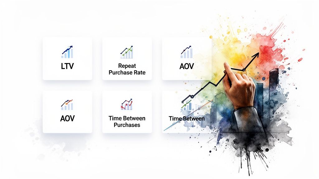 Business metrics like LTV, AOV, and Repeat Purchase Rate shown with growth charts and a pointing hand.