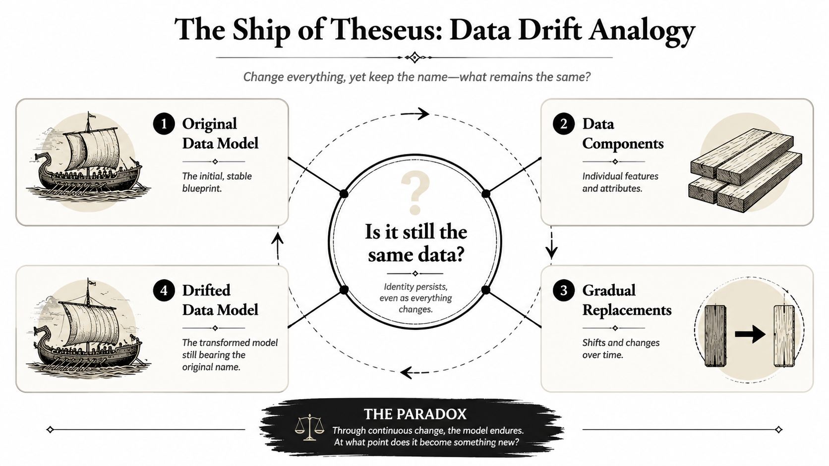 A diagram illustrating the Ship of Theseus paradox applied to data drift and machine learning models.