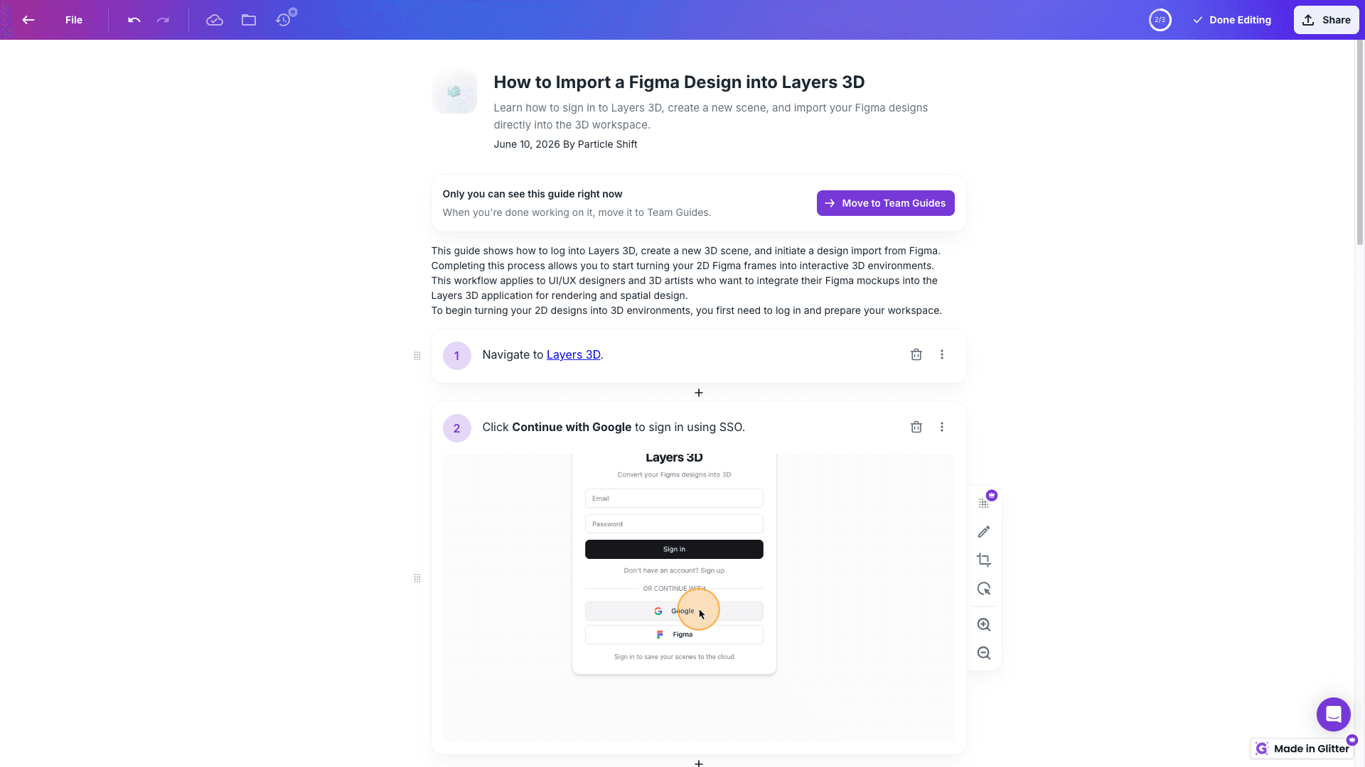 Glitter AI generated guide with numbered steps and annotated screenshots