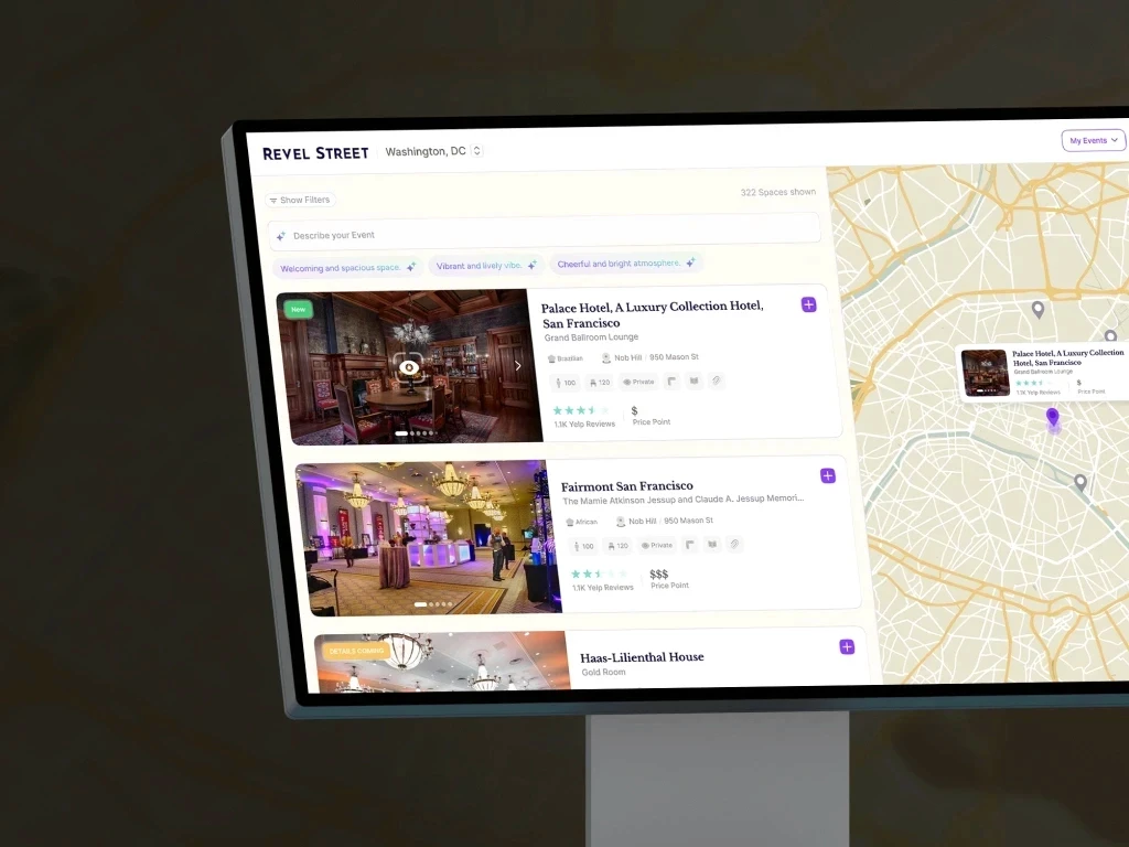 Revel Street venue booking dashboard with map