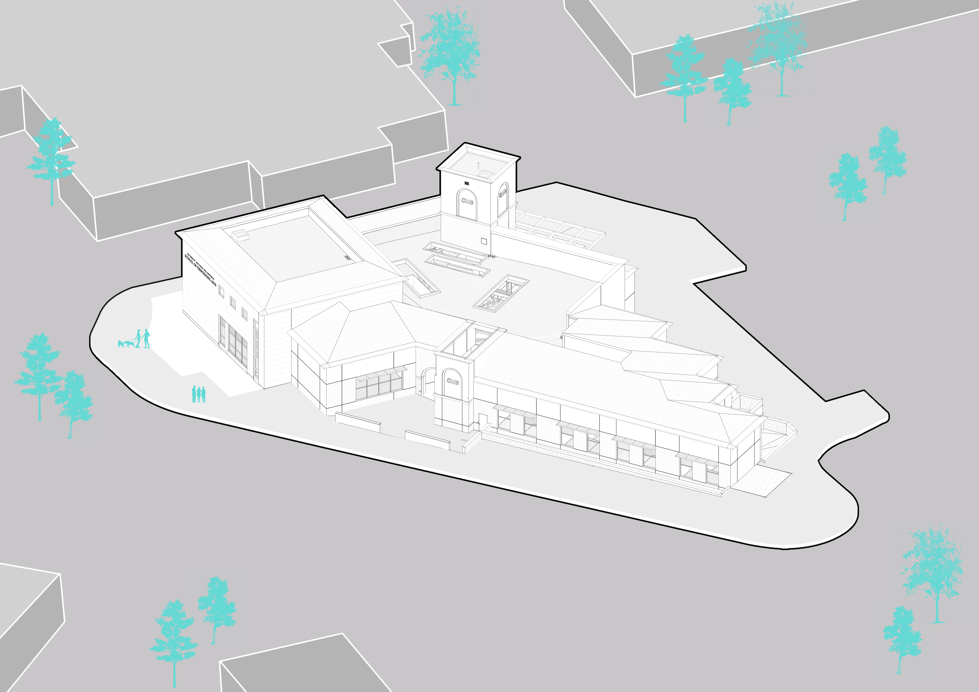 Project's general volumetrics and specific sections, isometric view.