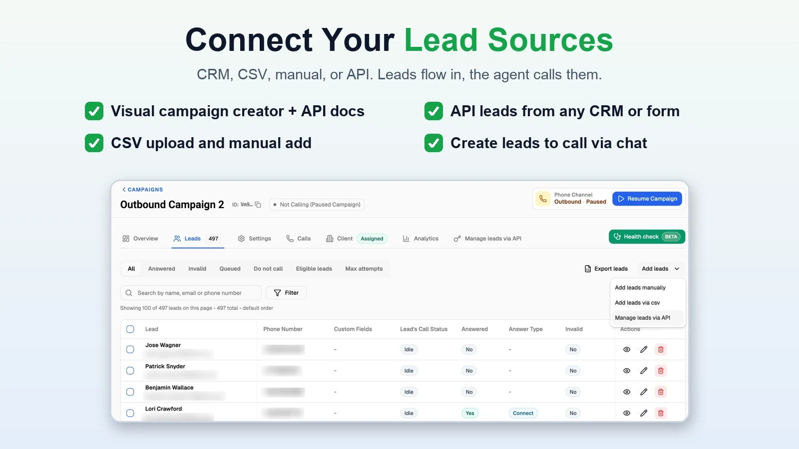 VoiceAIWrapper outbound campaign leads table with options to add leads manually, by CSV upload, or through the API.