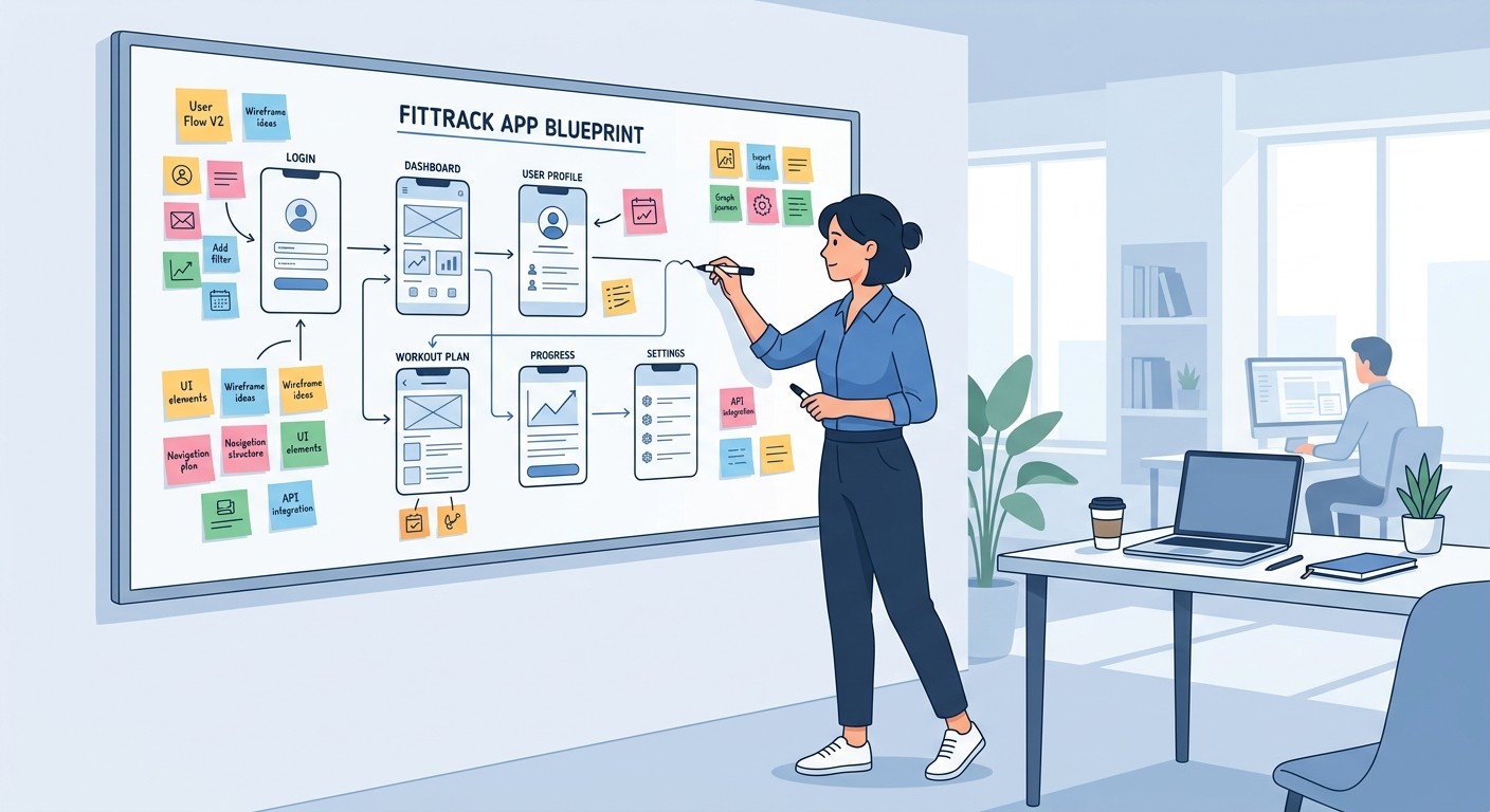 Illustration of a person sketching an app blueprint on a whiteboard with sticky notes and flowcharts.