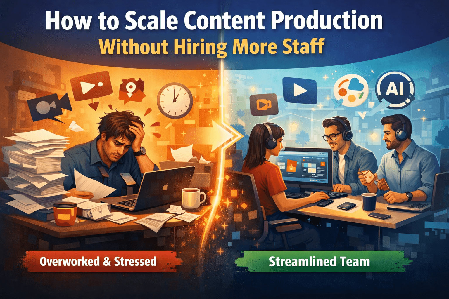 A diverse team collaborates in a modern office, with screens displaying video calls and digital work.