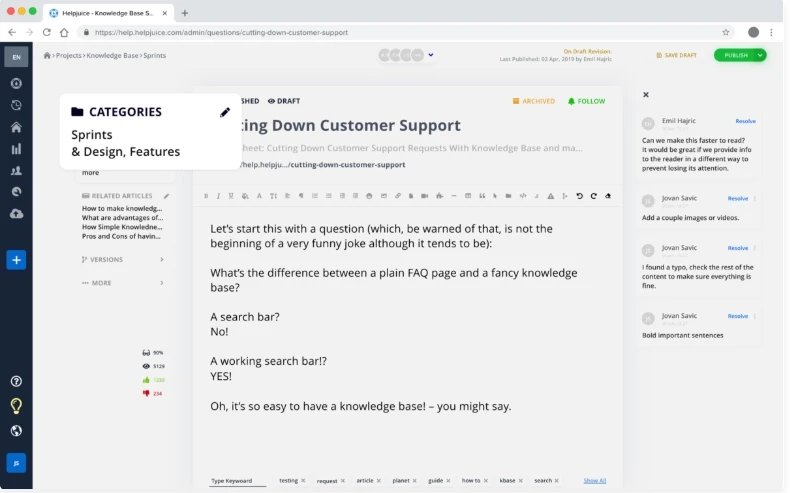 A screenshot of Helpjuice's article editor
