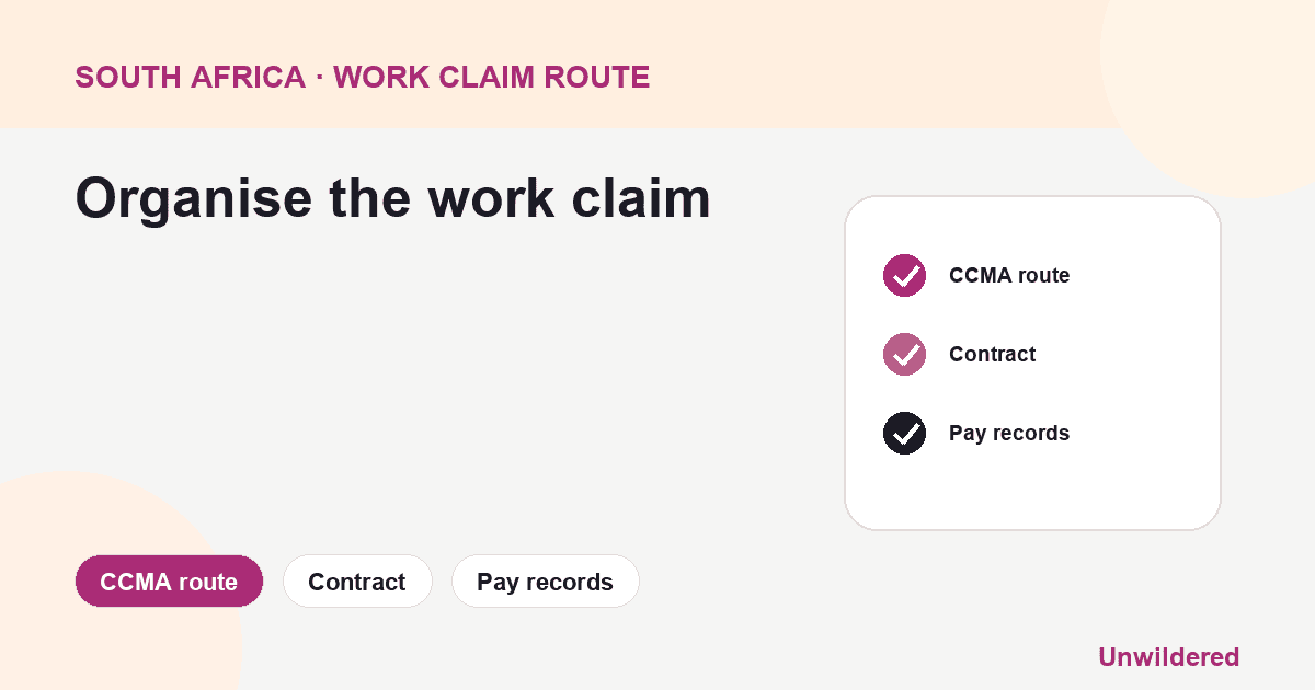 Process diagram for South Africa CCMA Condonation Form: CCMA route, Contract, Pay records.