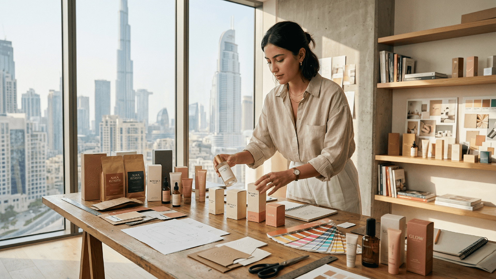 Packaging designer working on brand identity and product packaging concepts in a Dubai creative studio